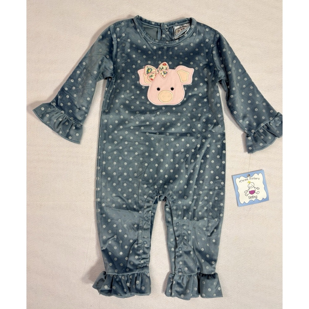 Three Sisters Baby NWT Pig Polka Dot Ruffle Romper Girls 18M Blue Velour